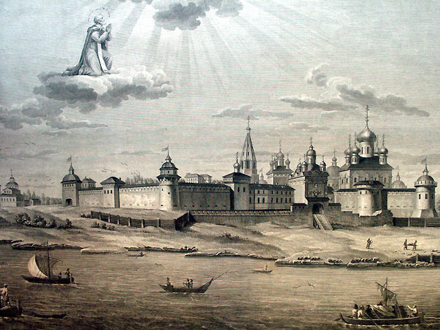 Вид Макарьевского Желтоводского монастыря. Ухтомский А. Г. 1816 г. Гравюра резцом